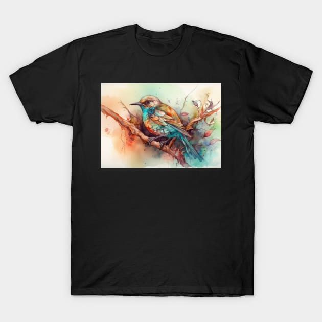 Watercolour bird on a branch T-Shirt by honeythief